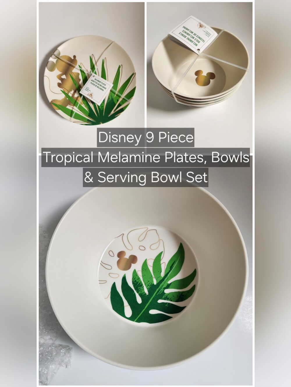 Disney Tropical Melamine Plates Bowls And Serving Bowl 9 Piece Set